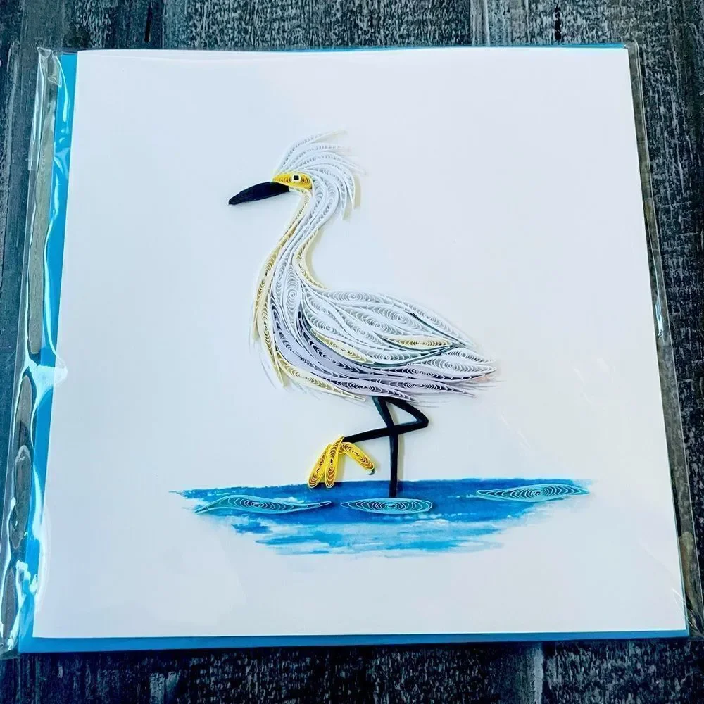 Snowy Egret Coastal Bird Quilling Card Paper Art Greeting Card